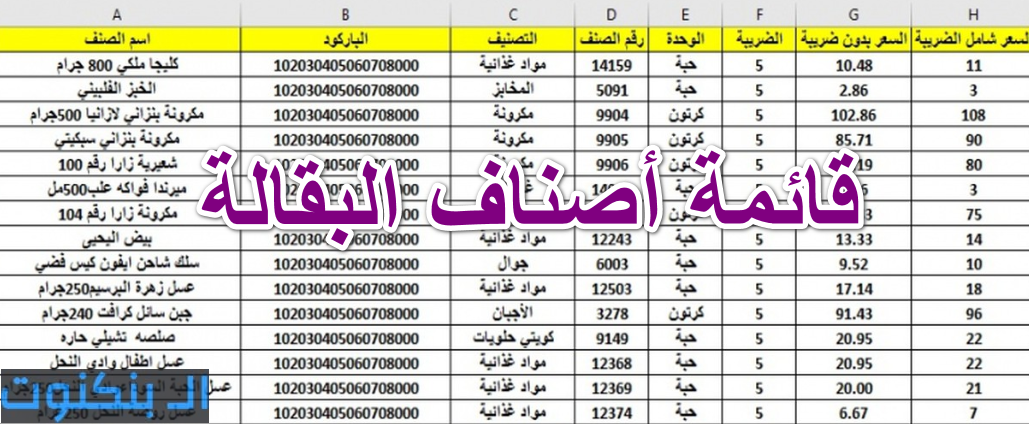 قائمة أصناف البقالة