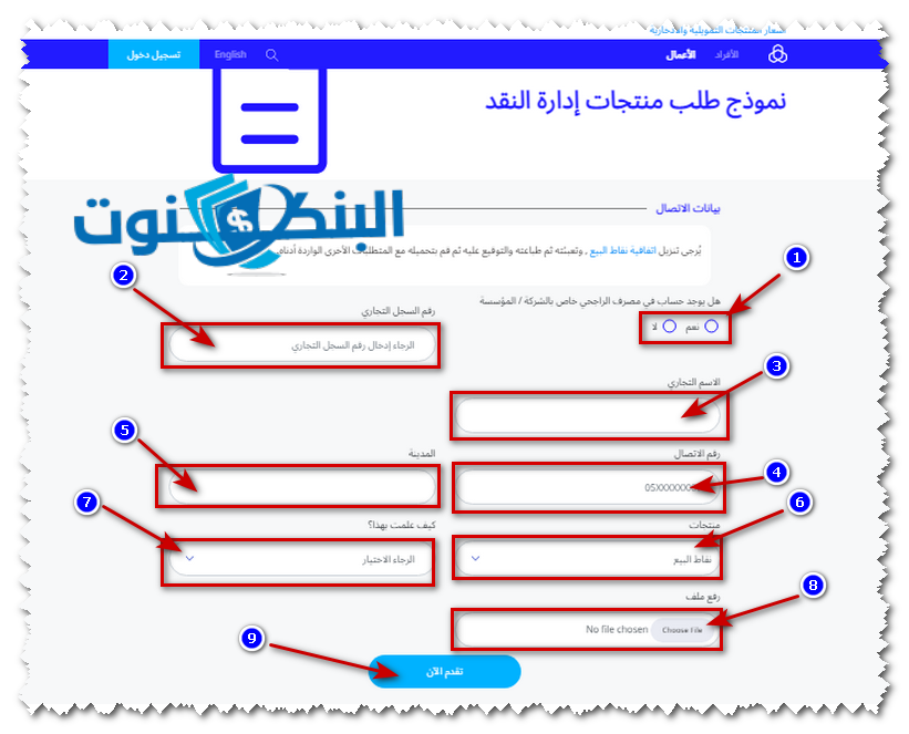 نموذج طلب منتجات إدارة النقد